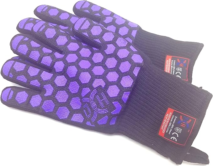 J H Heat Resistant Oven Glove:EN407 Certified 932 °F, 2 Layers Silicone Coating, Oven Mitts for Cooking, Kitchen, Fireplace,Camping, Grilling (Black/Purple, Extra Long Cuff)