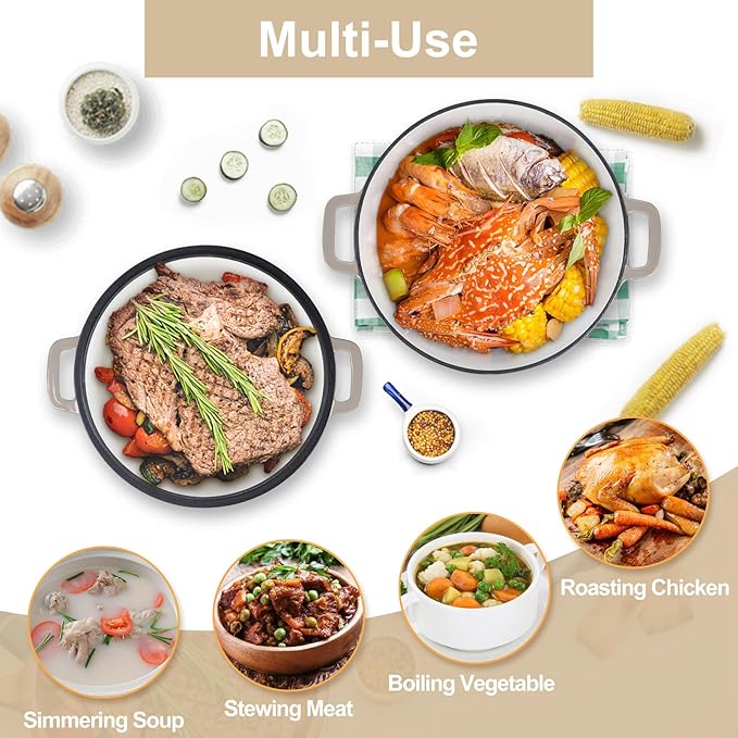 TeamFar 5 Quart Dutch Oven, 2 In 1 Enameled Cast Iron Dutch Oven Pot Cookware with Skillet Lid, for Bread Baking Braising Stewing Roasting, Sturdy & Nonstick, Oven Safe & Fit for Induction (Khaki)