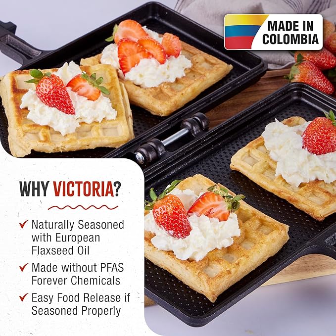 Victoria Cast Iron Panini Maker, Preseasoned Cast Iron Sandwich Maker and Pie Iron with Heat-Resistant Handle, Made in Colombia