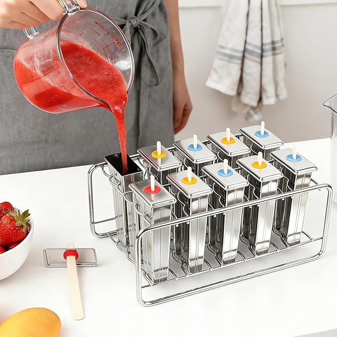 Popsicle Molds Set 10 Pieces Stainless Steel Popsicle Maker, Homemade Popsicle Molds with 100 Sticks, 20 Bags, 22 Silicone Seals, 1 Cleaning Brush & 1 Stand, Ice Pop Mold Maker for Kids (Square)