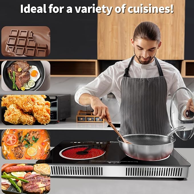 Karinear 2 Burner Electric Cooktop 110V, Portable Electric Stove with Handle, Knob Control Electri Hot Plate, Ceramic Countertop Burner, Timer, Safety Lock, 9 Power Level, 2000W, 24 inch(White)