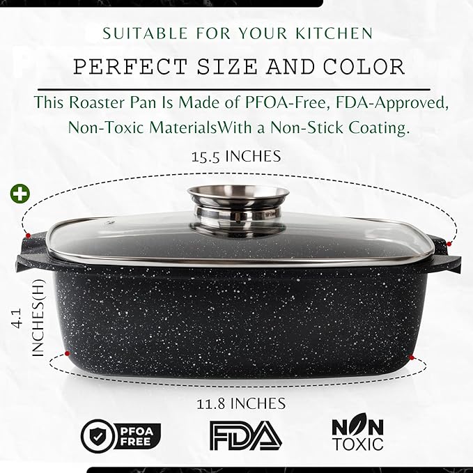 Moss & Stone 6 Quart Oval Roaster Pot with Lid, 12"x8.3" Die Cast Aluminum Chicken Roaster, Induction, Gas & Ceramic Cooktop Compatible, Hard Anodized Nonstick Roasting Pan With Lid, Oven Safe