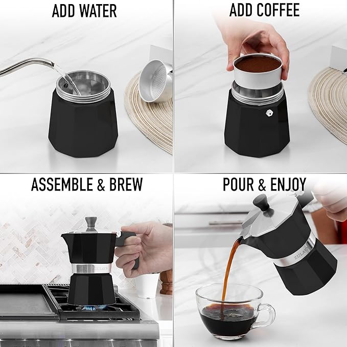 Zulay Moka Pot Espresso Stovetop Coffee Maker - Leak-Proof, Stainless Steel, Easy to Clean, Heat Resistant Handle & Knob - for Authentic Cuban & Italian Style Espresso - Makes 12 Espresso Cups - Black