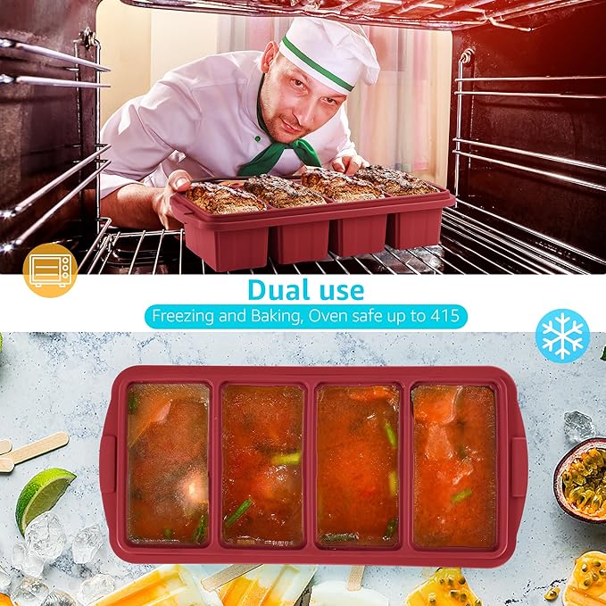 Ztomine Silicone Freezer Tray With Lid - Silicone Freezer Food Molds- Large Ice Cube Tray,Silicone Freezer Container,Freeze & Store Soup, Sauce, Broth,Leftovers - Makes 4 Perfect 1 Cup