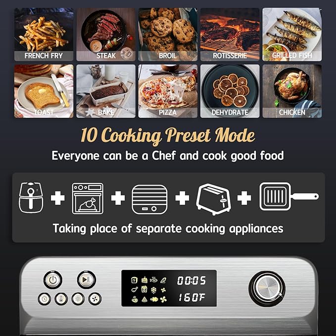 HYSapientia Air Fryer Toaster Oven Combo, 26Quart 10-in-1 Extra Large Countertop Convection Oven with LED Display Knob Control, 1800W Stainless Steel, Less Oil, Faster Cooking,7 Accessories+Recipe