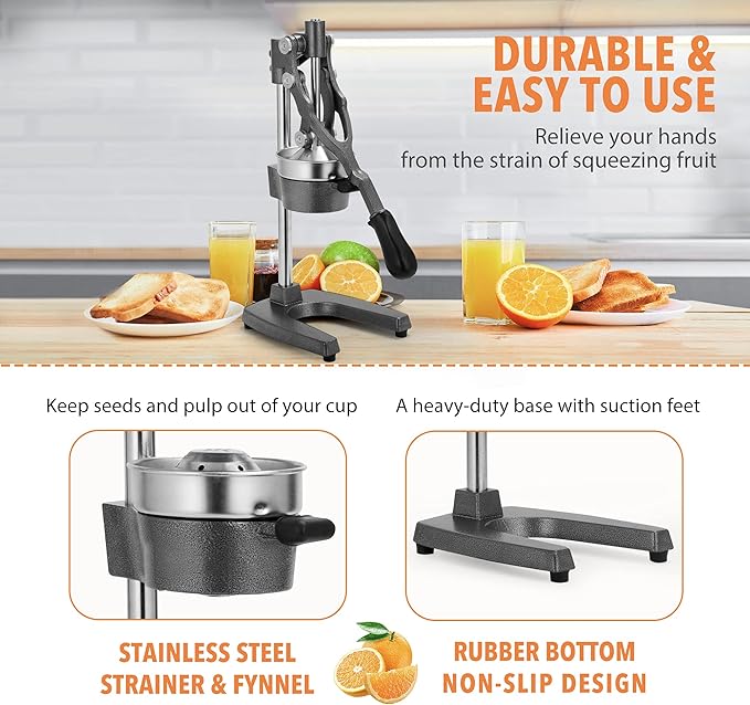 19 Inch Height Extra Tall Commercial Heavy Duty Cast Iron Hand Press Manual Orange Citrus Lemon Lime Grapefruit Pomegranate Fruit Juice Squeezer Machine with Stainless Steel Cup Grey