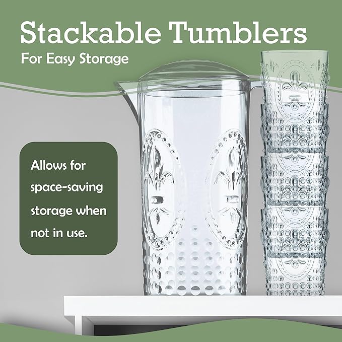 Muldale Plastic Pitcher and Glasses Set with Lid - BPA Free Large Acrylic Jug Set of 5 - Outdoor Water Pitcher Set - Jarra Para Jugo - 77oz Sangria Pitchers