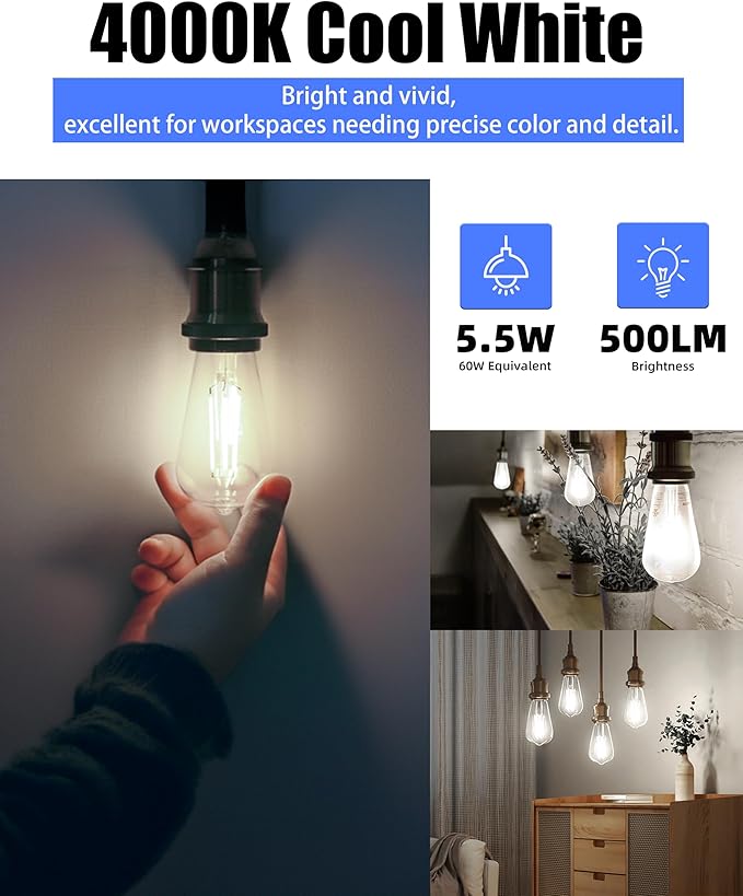 Lumiverse 120 Pack E26 led Bulb 60 watt dimmable Vintage LED Edison Bulbs 5.5W, 60W Equivalent,4000K Cool White, Antique Style ST19/ST58 LED Light Filament Bulbs, CRI 90+, E26 Base