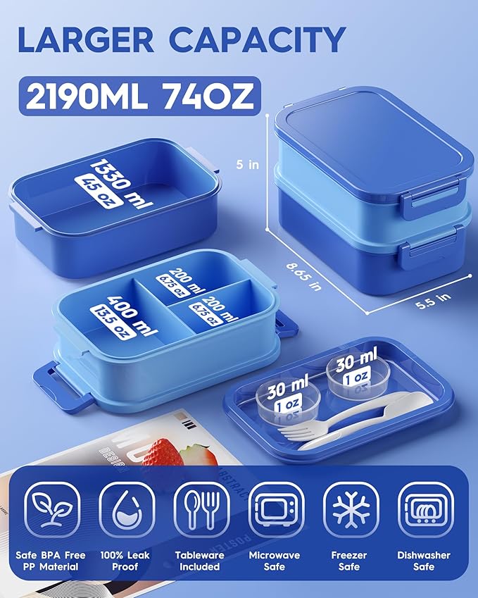 KEMETHY Adults Bento Lunch Box Set with Thermo Bag, 74oz Stackable Leak-proof 3-tiers Bento Box, Built-in Utensil and Sauce Container for Work, School, Dining Out (Blue)