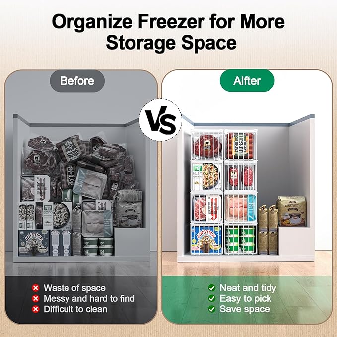 Freezer Organizer Bins, 2 Pack Stackable Deep Chest Freezer Organizer Bins, Foldable Baskets with Handles, White Storage Container Baskets for 5/ 7 Cu.FT Sort Frezen Meats