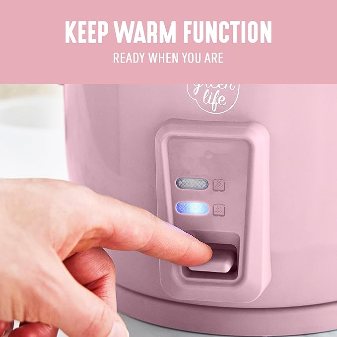 GreenLife Rice Cooker with Removable PFAS-Free Ceramic Nonstick Pot, 3-Cups Uncooked/6-Cups Cooked, Grains & Oatmeal Multicooker, Compact One-Switch Design, Auto Keep Warm, Easy Clean, Pink