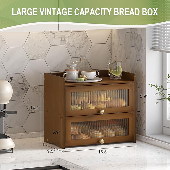 JANSNIMEN Large Bread Box for Kitchen Countertop Wooden Double Layer Breadbox Organizer with Window Vintage Farmhouse Bread Storage Container for Homemade Bread (Brown)