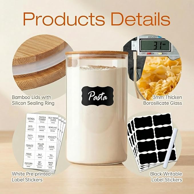 HomArtist Glass Jars with Bamboo Lids [Muti Size Set of 5], Glass Canisters with Airtight Lids, Glass Food Storage Containers for Pasta, Oats, Coffee, Flour, Sugar, Rice, Best for Kitchen & Pantry