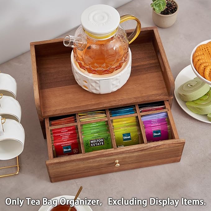 SARUFO Acacia Wood Tea Bag Organizer with Drawer - Tea Station Chest and Storage Box, Coffee and Teabag Holder with 8 Compartments, Containers and Boxes for Countertop Display