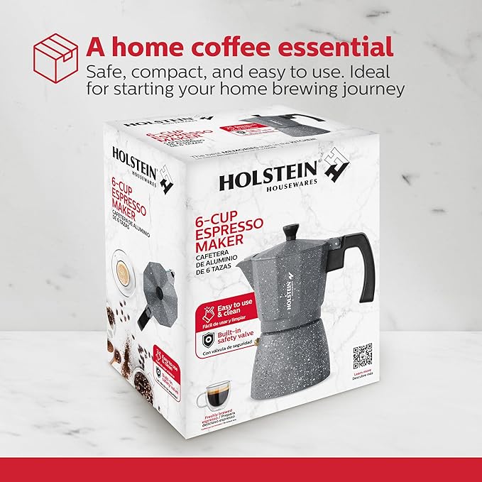 Holstein Housewares - 6 Cup Aluminum Stovetop Espresso Maker and Moka Pot - Great Tasting Traditional Espresso Coffee, Italian and Cuban Café Brewing in Minutes, Silver