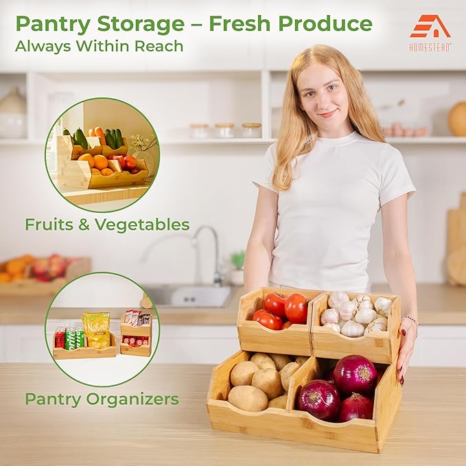 HOMESTEAD Bamboo Pantry Storage Bins – Potato & Onion Storage Bin for Pantry Organizers, Produce Organizer Set of 3 – Slide out Bin Access