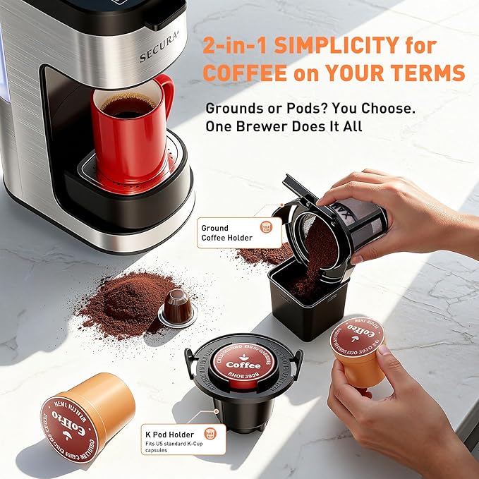 Secura Single Serve Coffee Maker K Cup and Ground 2-In-1 Coffee Maker with 3 Brew Modes, Removable Reservoir & Drip Tray, 6 to 12 Oz Brew Sizes