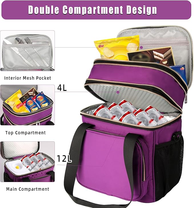 GLENKEY Versatile Lunch Box Cooler Bag - Expandable Insulated Lunch Bag Tote for Women - Large Lunchbox for Adults Work Office Outside Trips Purple 16L