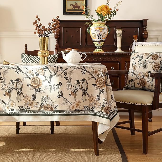 ISAENNE Designer Vintage Linen Small Square Table Cloth,Floral and Bird Pattern Tablecloths,Fall Wrinkle Resistant Home Decor Tablecloth for Dining Kitchen Party Christmas,55"*55"-Murad A