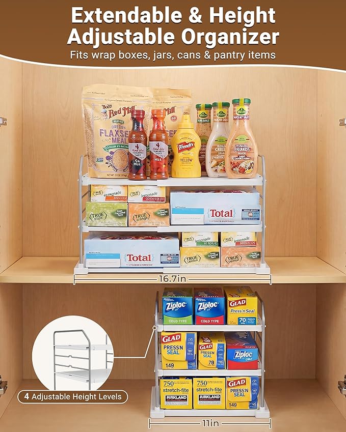 EVERIE Extendable 3-Tier Kitchen Cabinet & Pantry Organizer for Plastic Wrap, Foil & Storage Bags, Adjustable Heavy Duty Shelf Rack for Wrap Boxes, Jars & Snack Boxes (11–16.7 in Wide), Pack of 2