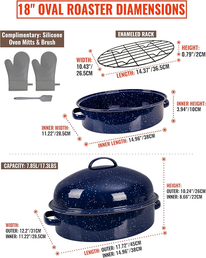 Roasting Pan with Lid and Rack 18" Deep Large Oval Enamel Roaster Pan, Oven Dishwasher Safe Non-Stick Non-Toxic Baking Pan for Chicken Turkey Ham Steak Roasts & Bread Birthday Mothers Day Gift