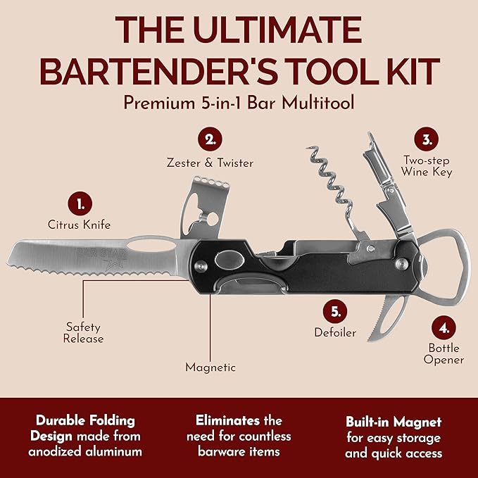 Bartender's All-in-One Bar Tool Set: Corkscrew, Zester, Citrus Knife and Bottle Opener Kit with Magnet for Picnics, Tailgating, BBQs, Camping, Travel, Beach Parties and Bartending, Black
