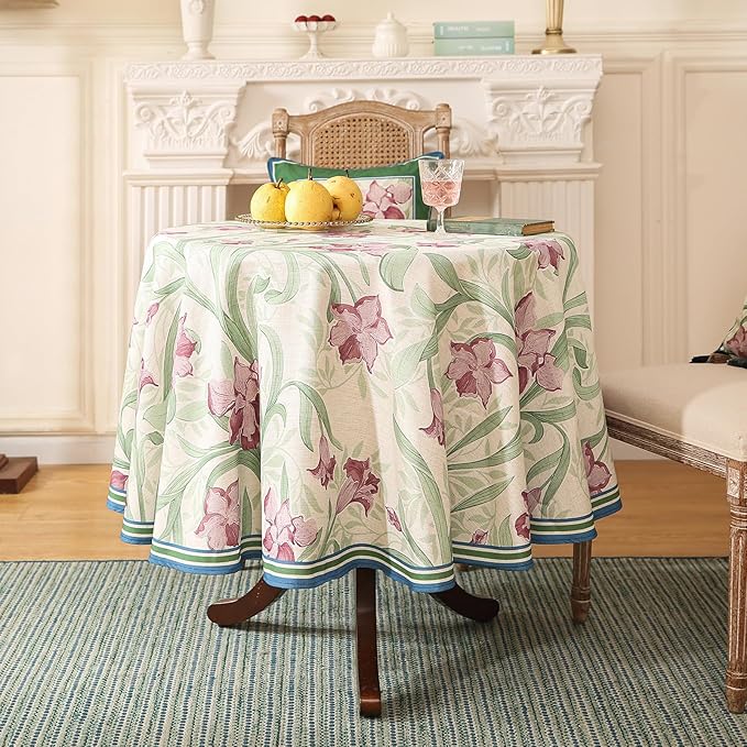 patdrea Designer Linen Small Green Roun Tablecloth,Violets Pattern Vintage French Tablecloths,Floral Decor Table Cover for Kitchen Dining Christmas,Thanksgiving,Tea Party,Diameter 55"-Tara a