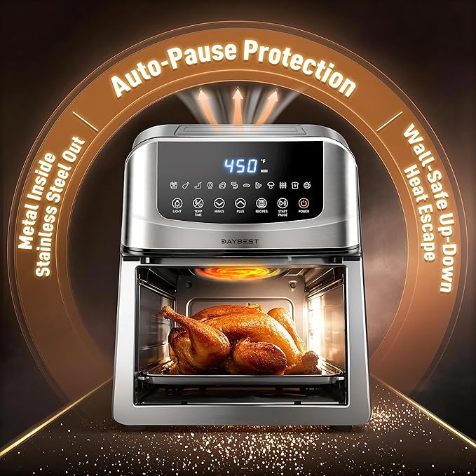 Stainless Steel Air Fryer Ceramic 12 in 1, Dual-Blazes in Steel Housing, 6QT 2-3 Servings Visible 8.27" Basket with Teflon-Free Premium Coating, 1700W, DAYBEST Dishwasher Safe Kits (Silver)