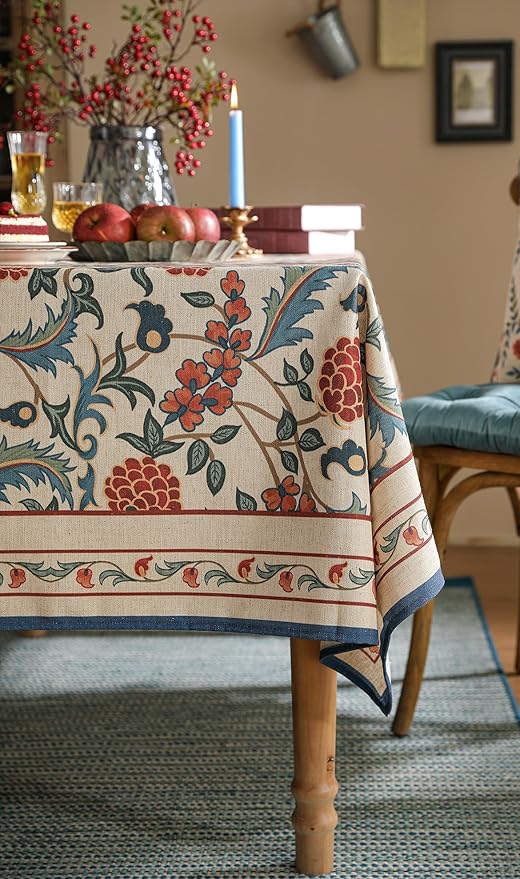 patdrea Designer Vintage Linen Long Tablecloth for Rectangle Table,French Soft Durable Floral Tablecloths,Colorful Table Cover for Kitchen Dining,Parties,Christmas,Thanksgiving,63"x102"-Puno