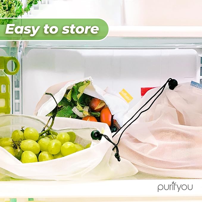 purifyou Set of 3 Premium Reusable Produce Bags, Washable Farmers Market Bags for Fruits, Vegetables, Groceries, Kitchen Storage, Home Storage, Toy Organizer, Lightweight Mesh Bags (12x14in)
