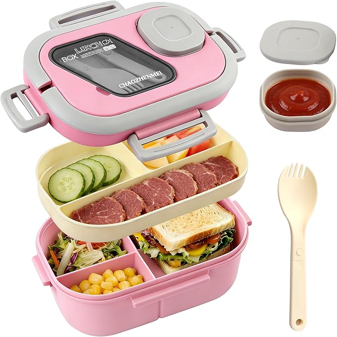 Adults Bento Lunch Box,Salad Container Large 43oz Salad Bowl, Bento-Style Tray for Toppings, 3oz Sauce Container for Dressings, and Built-In Reusable Fork (Pink)