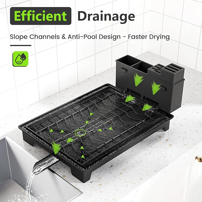 2-Tier Foldable Dish Drying Rack with Drainboard, Stainless Steel Large Capacity Kitchen Counter Organizer with Cup Holder, Utensil & Cutting Board Storage, No Assembly Required, Black
