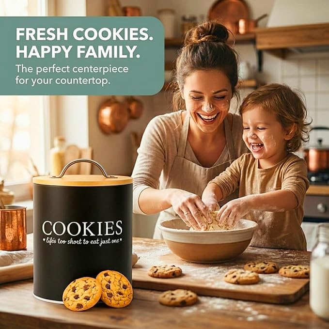D'Lifeful Cookie Jar with Airtight Bamboo Lid – 0.6 Gallon Cute and Decorative Cookie Storage for Kitchen Countertop – Farmhouse Storage Tin for Freshness – Great Gift Idea