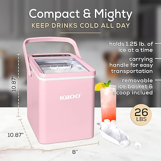Igloo Portable Ice Maker with Handle & Scoop- Countertop Ice Maker with LED Control Panel & 1.5 Qt Water Tank- Ice Maker Produces 26 Lb Of Ice In 24 Hours With 9 Large or Small Cubes In 7 Minute -Pink