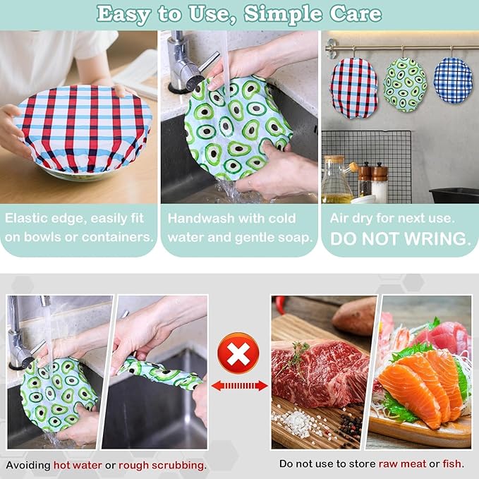 5-Size Reusable Beeswax Bowl Covers for Bread Proofing, Cotton Cloth Flexible Beeswax Wraps for Food Storage(Fruit Grid)