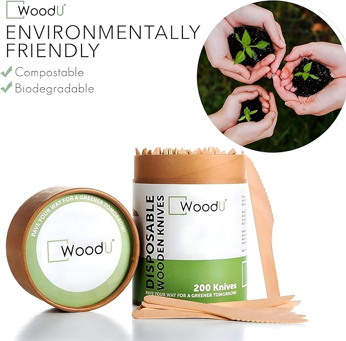 WoodU Disposable Wooden Knives 100% All-Natural, Eco-Friendly, Biodegradable, and Compostable - Pack of 200-6.5" Knife