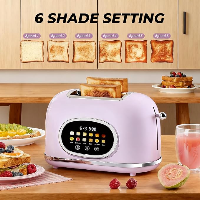 Roter Mond 2 Slice Toaster Smart Touch Screen, Retro Stainless Steel Bread Toaster with Digital Timer, Sleep Mode, Bagel, Cancel, and Defrost Functions, 6 Bread Types and Shade Settings, Light Purple