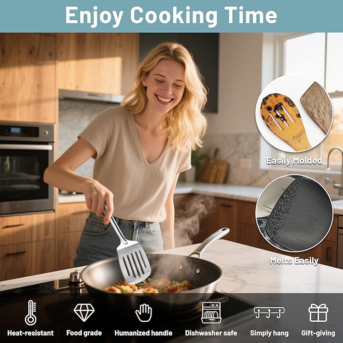 Pleafind Stainless Steel Cooking Utensils Set, 9 Pcs Heat Resistant Kitchen Utensils Set, Nonstick Kitchen Tools Set With Utensil Holder, Metal Spatula Set for Chef, Dishwasher Safe