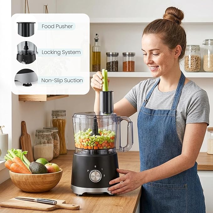OLIXIS Food Processor 10.5 Cup, Vegetable Choppers with Slicing Shredding Chopping Kneading, Dishwasher Safe, Food Grinder, Stainless Steel Blades, for Smoothie Fruit Dough, 2.6QT, Black