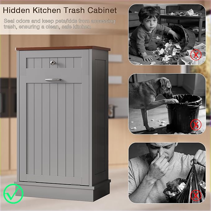 KIGOTY Tilt Out Trash Cabinet,Wooden Kitchen Trash Bin Holder Garbage Bin Recycling Cabinet Laundry Hamper with Solid Wood Countertop and Hideaway Drawer (Gray)