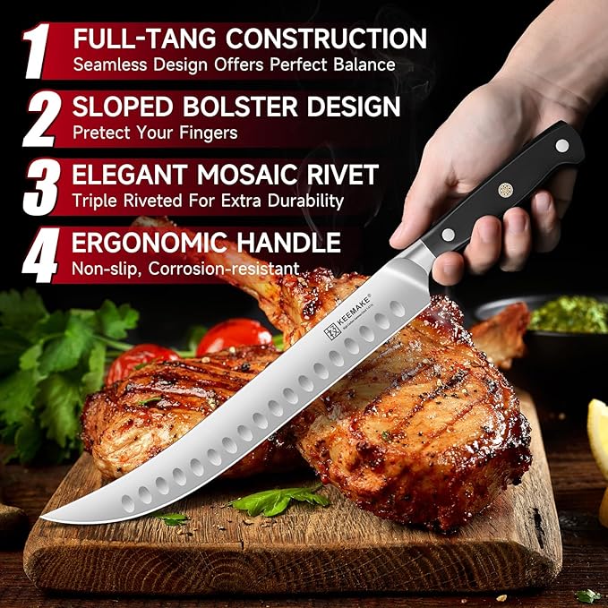 KEEMAKE Butcher Knife, 10‘’ Carving & Slicing Knife with Ergonomic Full Tang Handle, German High-Carbon Steel, Sheath Included, Razor Sharp for Meat, Roasts, BBQ, Turkey, Grilling Gifts for Men