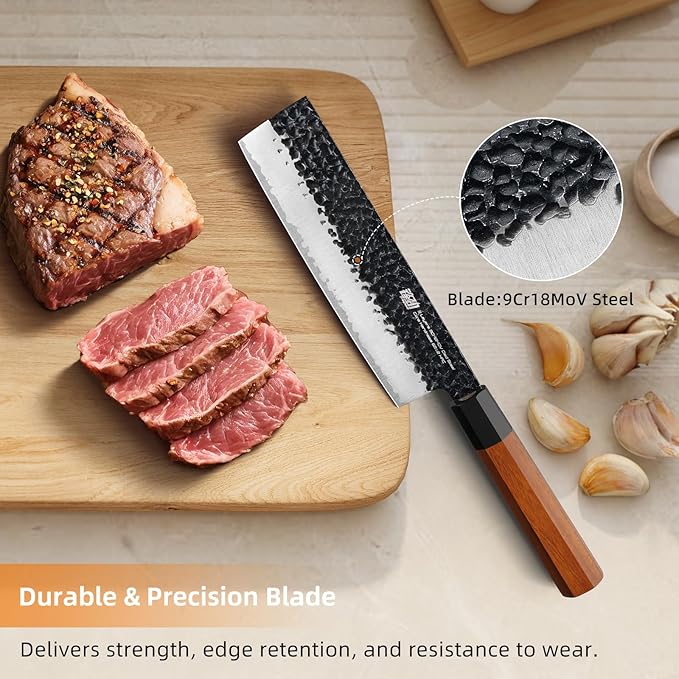 FINDKING Japanese Nakiri Knife 7 Inch, Vegetable Cleaver with High Carbon Steel Blade, Rosewood Octagonal Handle, for Vegetable Prep, Slicing, Chopping and Mincing, Dynasty Series