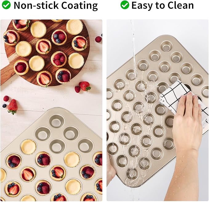Beasea Nonstick Mini Muffin Pan 48 Cups, 2 Pack 48 Mini Small Tiny Cup Non Stick Muffin Baking Pan Tin Tray Carbon Steel Bakeware Individual Cupcake Baking Pan - Gold