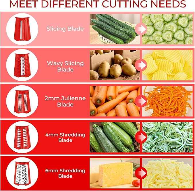 SUSTEAS Rotary Cheese Grater with Handle - Vegetable Shredder with 5 Well-designed Blades & Strong Suction Base,Round Mandoline Slicer & Food Chopper for Kitchen,with Blade Storage Box(Red)