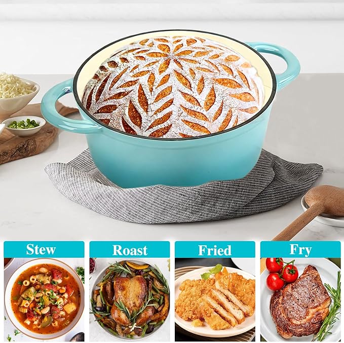 Cast Iron Dutch Oven 4.5 Quart Enameled Cast Iron Dutch Oven Pot with lid Heavy Duty Dutch Oven Dual Handles Porcelain Enameled Cast Iron Pot for Baking Braiser Cooking Family or Friends Gifts,Aqua