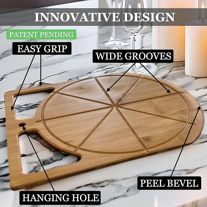 Pizza Lovers Set – Bamboo Pizza Peel & Cutting Board with Rocker Knife