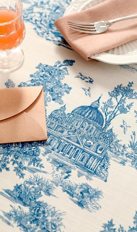 patdrea Designer Vintage Cyan Extra Long Tablecloth for Rectangle Table,Linen Ancient Castle and Manor Pattern Tablecloths,Decor for Kitchen Dining Christmas,Thanksgiving,63"x110"-Lucerne a