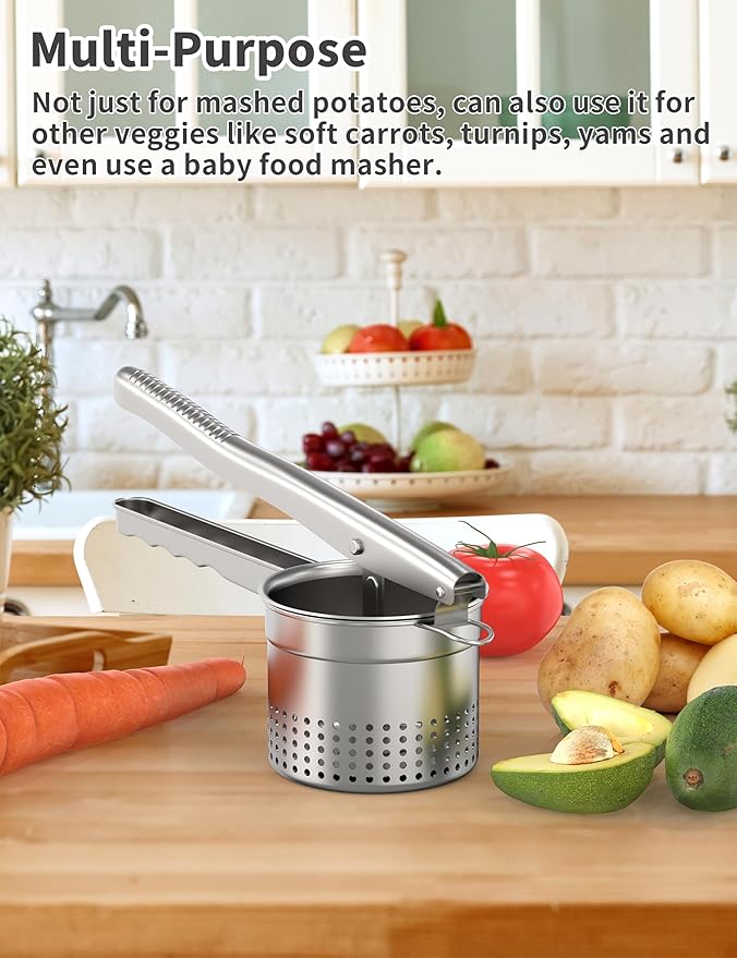 Livilord Large 15oz Potato Ricer, Heavy Duty Stainless Steel Ricer for Mashed Potatoes, Sweet Potato Masher Kitchen Tool with Ergonomic Handle, Press and Mash Kitchen Gadget, Silver