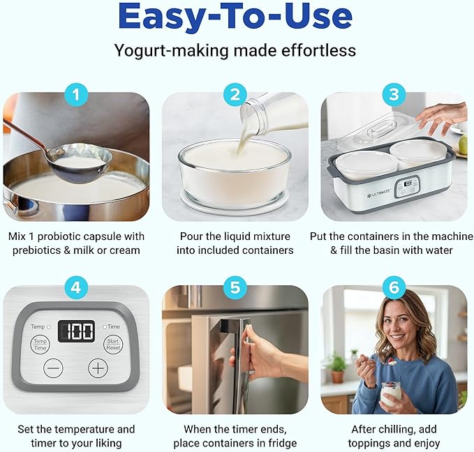 Ultimate Probiotic Yogurt Maker with Adjustable Time & Temperature Control, Make Trillions of Probiotics for Better Gut Health, Two 1-Quart Containers for Larger Batches, ULTIMATE LIFETIME WARRANTY