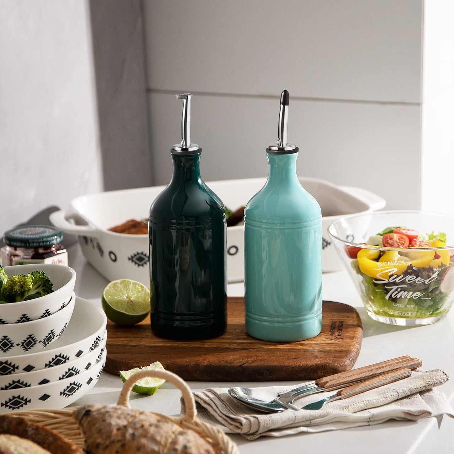 Sweejar Ceramic Olive Oil Dispenser Bottle, Opaque Oil Cruet Protects Oil to Reduce Oxidation, Suitable for Storage Oil, Vinegar, Coffee Syrups & Other Liquids, Pack of 1, 15.5 Fl Oz (Turquoise)